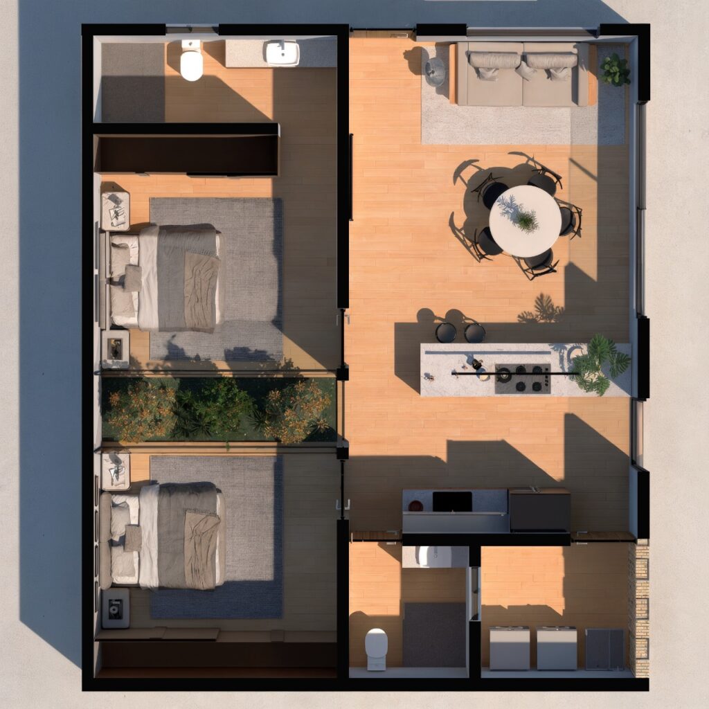 Render 3D de planta con 2 habitaciones