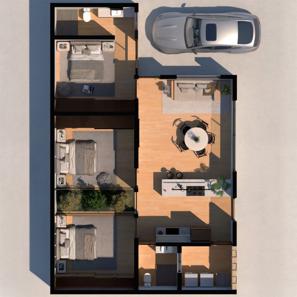 Render 3D de planta con 3 habitaciones
